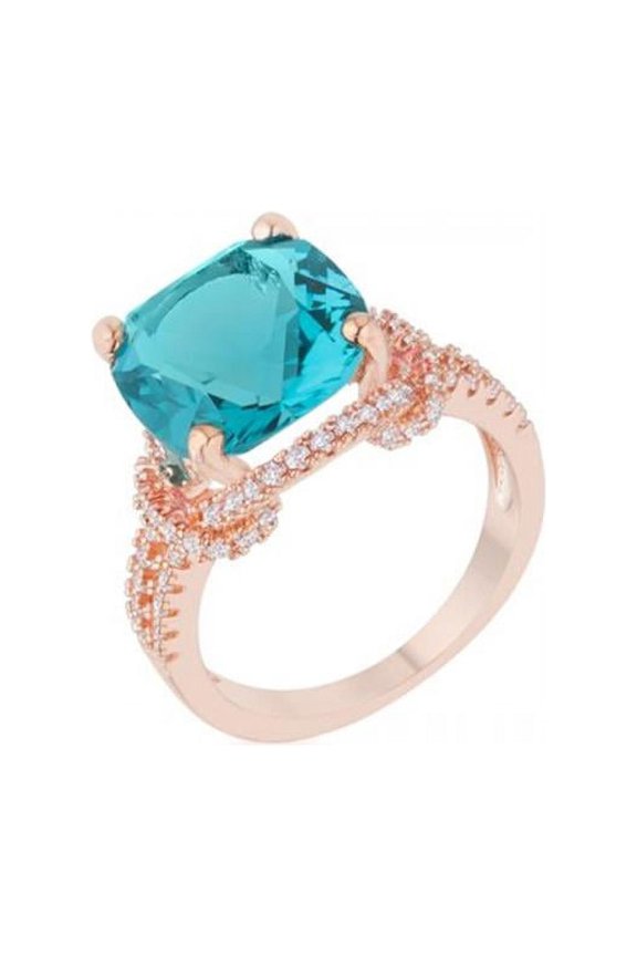 Charlene 6.2 Carat Aqua Cz Rose Gold Classic Statement Ring, Size 9