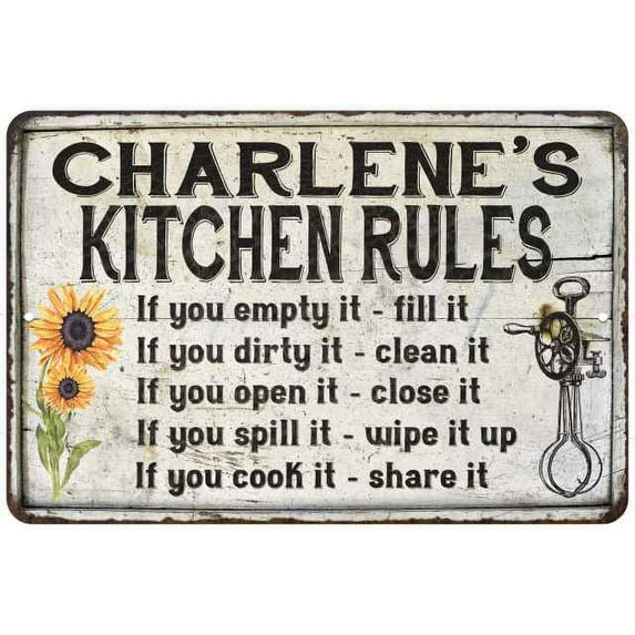 Charlene's Kitchen Rules Chic Sign Vintage Decor 12 x 18 Matte Finish Metal 112180032223