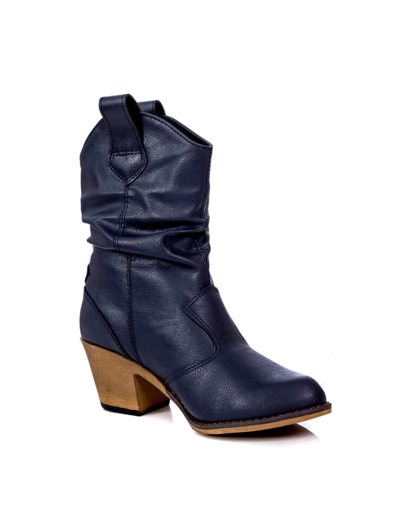 Modern Western Cowboy Boots for Women Fashion Cowgirl Boots Pull Up Low Heel Mid-Calf Boots