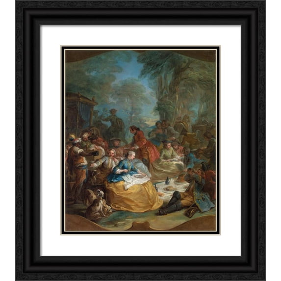 Charles-André van Loo 15x17 Black Ornate Wood Framed Double Matted Museum Art Print Titled - Halt of the Hunt (ca. 1737)
