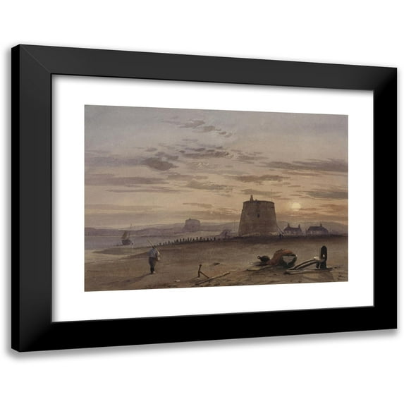 Charles Bentley 24x18 Black Modern Framed Museum Art Print Titled - Martello Tower at St. Leonards Against Setting Sun (1835 - 1864)