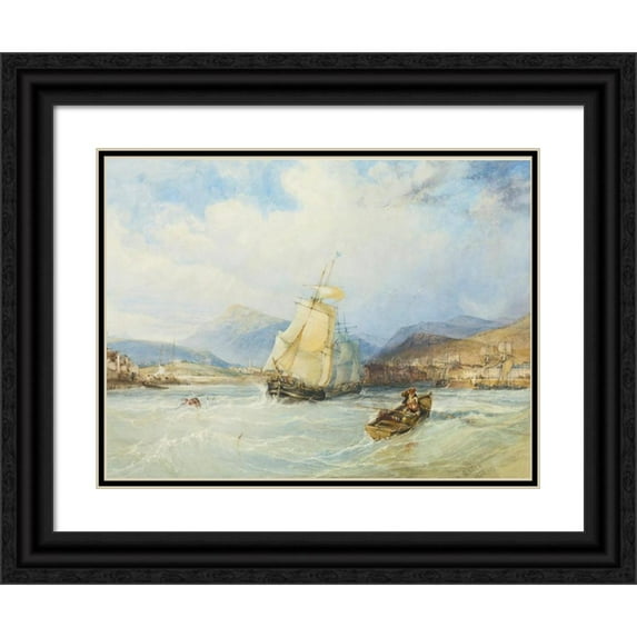 Charles Bentley 24x19 Black Ornate Framed Double Matted Museum Art Print Titled: Ships off a Town in a Mountainous Landscape (1838)