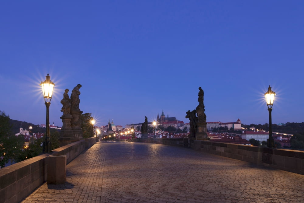 Charles Bridge at dusk with Castle District and St Vitus Cathedral in the background Prague Czech Republic Canvas Art - Panoramic Images (36 x 12)