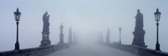 Charles Bridge in Fog Prague Czech Republic Canvas Art - Panoramic Images (36 x 12)