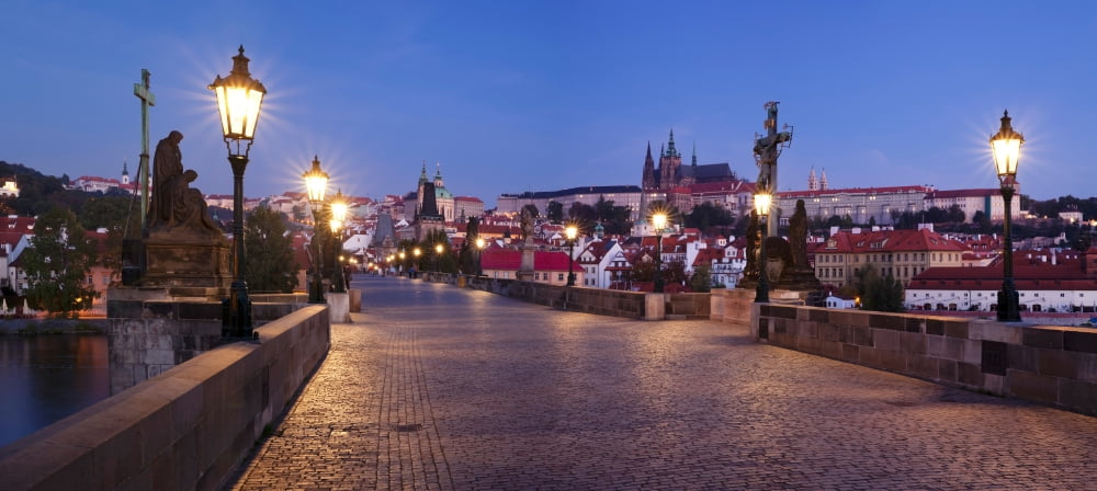 Charles Bridge with Castle District and St Vitus Cathedral in the background Prague Czech Republic Canvas Art - Panoramic Images (16 x 36)