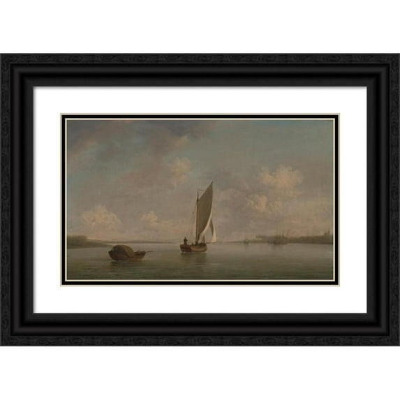 Charles Brooking 18x12 Black Ornate Wood Framed Double Matted Museum Art Print Titled - A Smack Under Sail in a Light Breeze in a River ( 1756 - 1759)