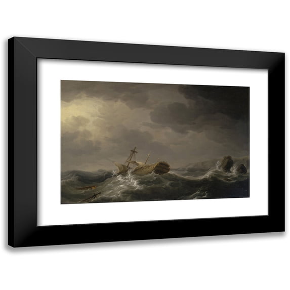 Charles Brooking 18x13 Black Modern Framed Museum Art Print Titled - Ship Wrecked on a Rocky Coast (1747 - 1750)