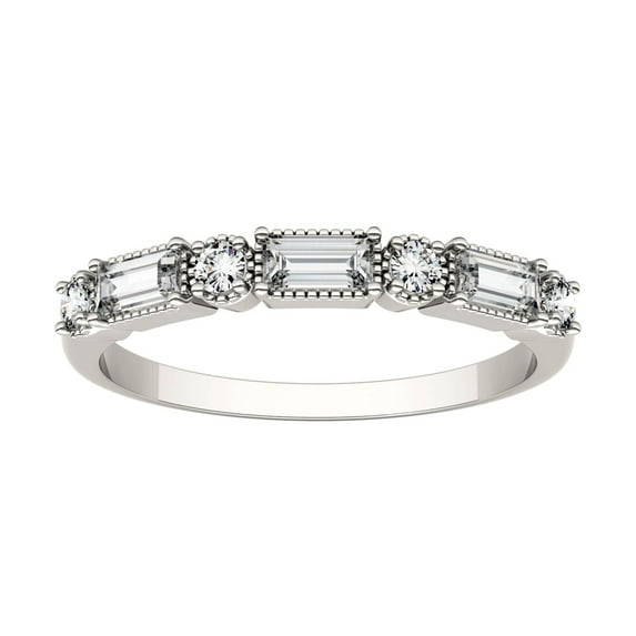 Charles & Colvard 14K White Gold Moissanite 4x2mm Step Baguette Milgrain Wedding Band-Size 7 0.47cttw DEW