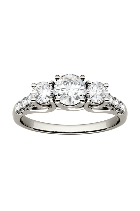 14K White Gold Moissanite 5mm Round Trellis Three Stone Engagement Ring-Size 6 1.17cttw DEW