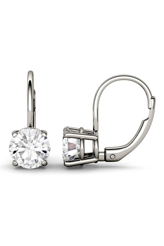 14K White Gold Moissanite 6.5mm Round Leverback Earrings 2.00cttw DEW