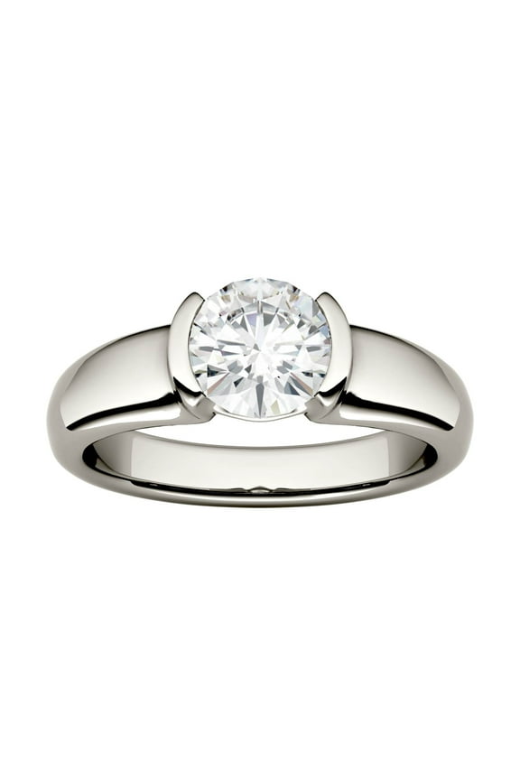 14K White Gold Moissanite 6.5mm Round Solitaire Half Bezel Engagement Ring-Size 5 1.00cttw DEW