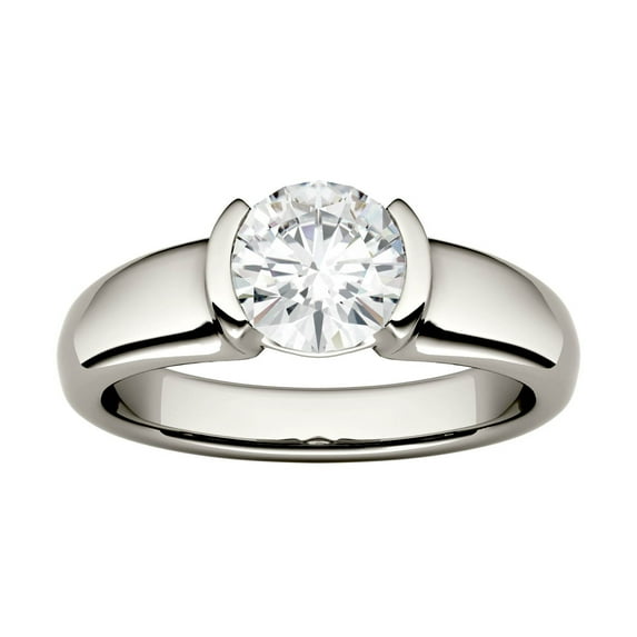 Charles & Colvard 14K White Gold Moissanite 6.5mm Round Solitaire Half Bezel Engagement Ring-Size 8.5 1.00cttw DEW