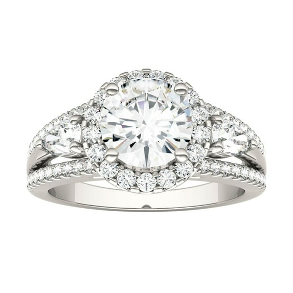 Charles & Colvard 14K White Gold Moissanite 7.5mm Round Split Shank Halo Engagement Ring-Size 5 2.50cttw DEW