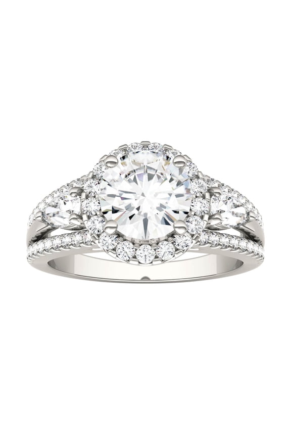 14K White Gold Moissanite 7.5mm Round Split Shank Halo Engagement Ring-Size 8 2.50cttw DEW