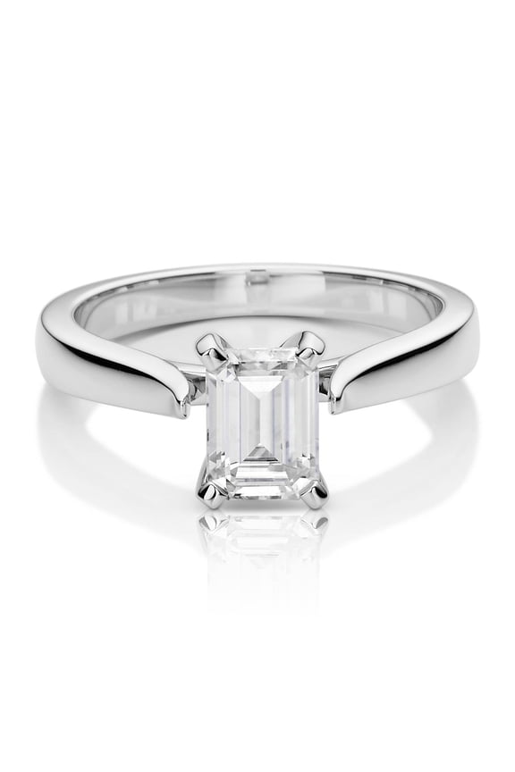 14K White Gold Moissanite 7x5mm Emerald Solitaire Ring-Size 7 1.01ct DEW