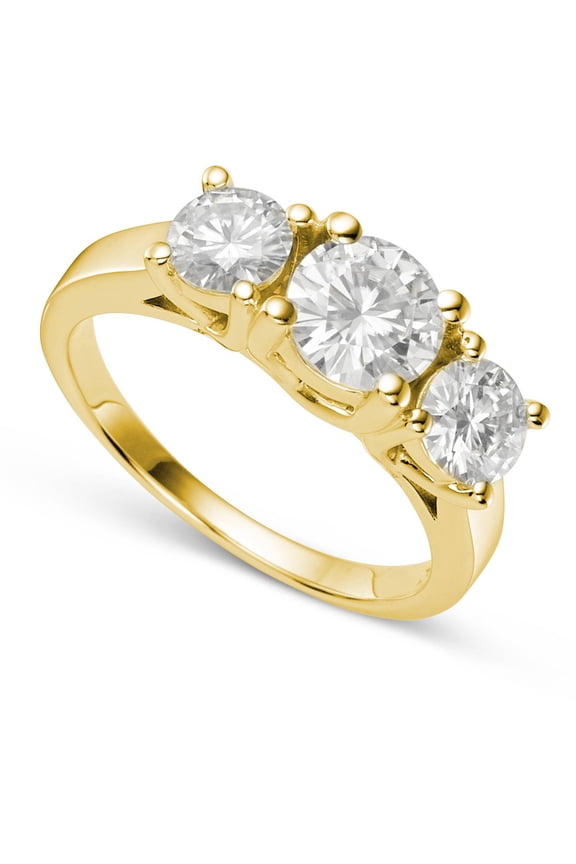 14K Yellow Gold Moissanite Round Three Stone Ring-Size 6 2.00cttw DEW