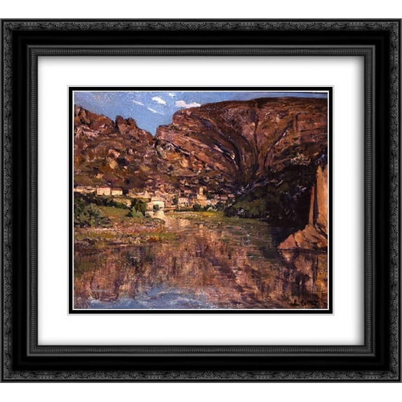 Charles Cottet 2x Matted 24x20 Black Ornate Framed Art Print 'Petit village au pied de la falaise'