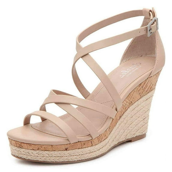 Charles David Leawood Nude Leather Open Toe Ankle Strap Platform Wedge Sandals (Nude, 8)