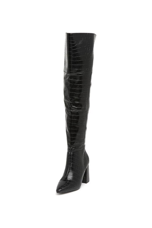 Various Black Croco Leather Over Knee Pointed Toe Block Heel Boots (BLACK, 5.5)