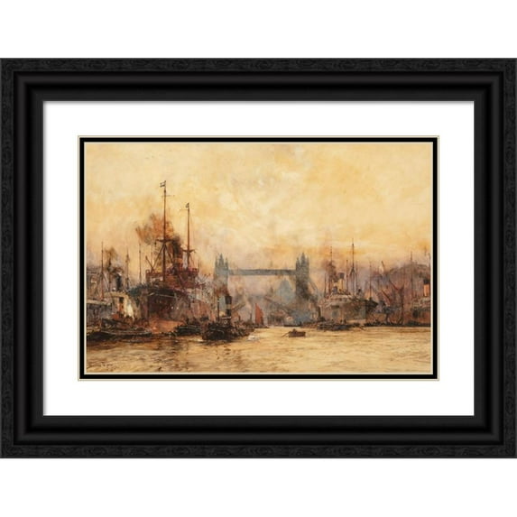 Charles Dixon 14x11 Black Ornate Wood Framed Double Matted Museum Art Print Titled: Tower Bridge, the Pool of London (1921)