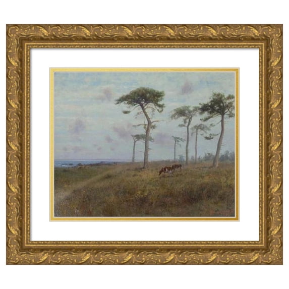 Charles Dorman Robinson 14x12 Gold Ornate Wood Frame and Double Matted Museum Art Print Titled - Cattle Grazing Among Monterey Cypress Trees (1909)