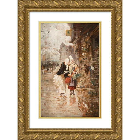 Charles Edouard Delort 13x18 Gold Ornate Wood Frame and Double Matted Museum Art Print Titled - Two Ladies Admiring Exotic Birds