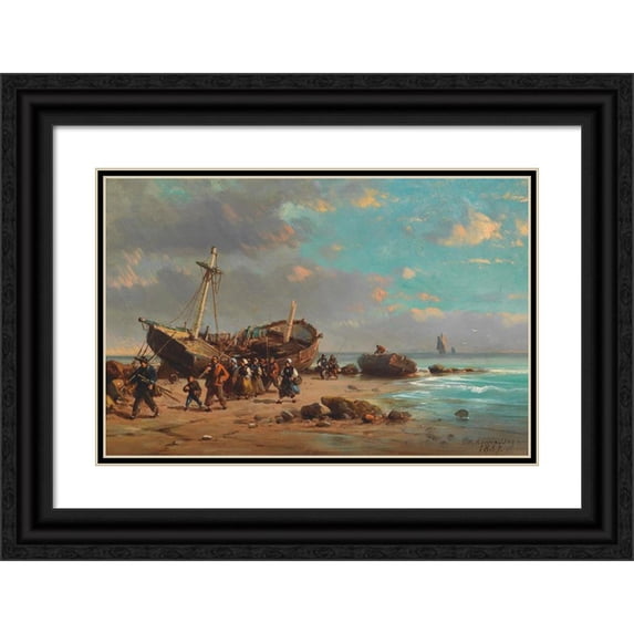 Charles Euphrasie Kuwasseg 14x11 Black Ornate Wood Framed Double Matted Museum Art Print Titled: Fischer on the Beach (1857)