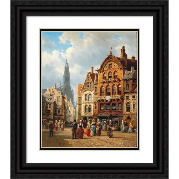 Charles Euphrasie Kuwasseg 15x18 Black Ornate Wood Framed Double Matted Museum Art Print Titled - Antwerp