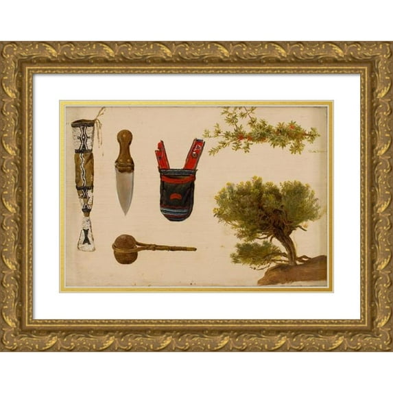 Charles Ferdinand Wimar 18x14 Gold Ornate Wood Frame and Double Matted Museum Art Print Titled - Studies of Beaded Scabbard and Knife, Decorated Pouch, Stone Axe, Branch of Bull Berry, and H