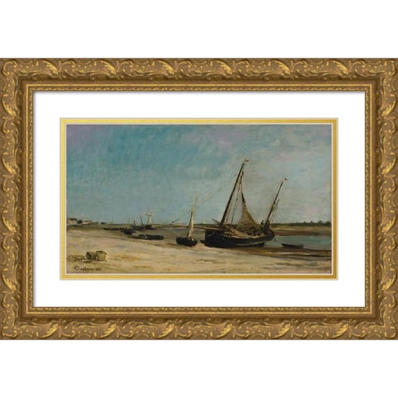 Charles François Daubigny 14x10 Gold Ornate Wood Frame and Double Matted Museum Art Print Titled - Boats on the Seacoast at Etaples (1871)