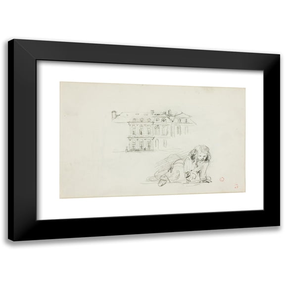 Charles François Daubigny 14x11 Black Modern Framed Museum Art Print Titled - The Hotel De Ville, Tours and a Girl Playing (1837-78)