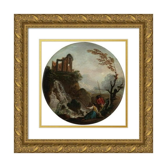 Charles-François Grenier De Lacroix 20x20 Gold Ornate Framed and Double Matted Museum Art Print Titled - A Couple Fishing at the Base of a Waterfall, with Ruins Above