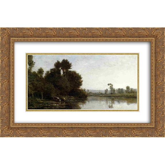 Charles Francois Daubigny 2x Matted 24x16 Gold Ornate Framed Art Print 'The Banks of the River'