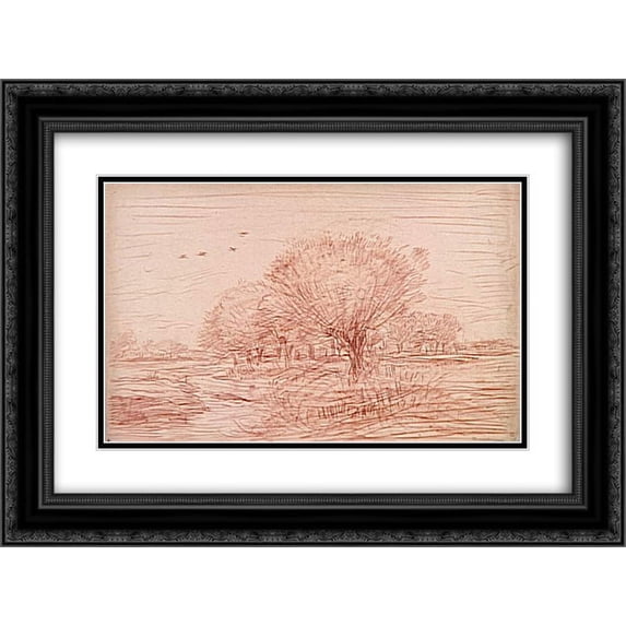 Charles Francois Daubigny 2x Matted 24x18 Black Ornate Framed Art Print 'River Landscape Creek crossing a wooded meadow'