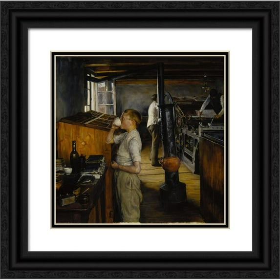 Charles Frederic Ulrich 20x20 Black Ornate Framed Double Matted Museum Art Print Titled: The Village Printing Shop, Haarlem, the Netherlands (1884)