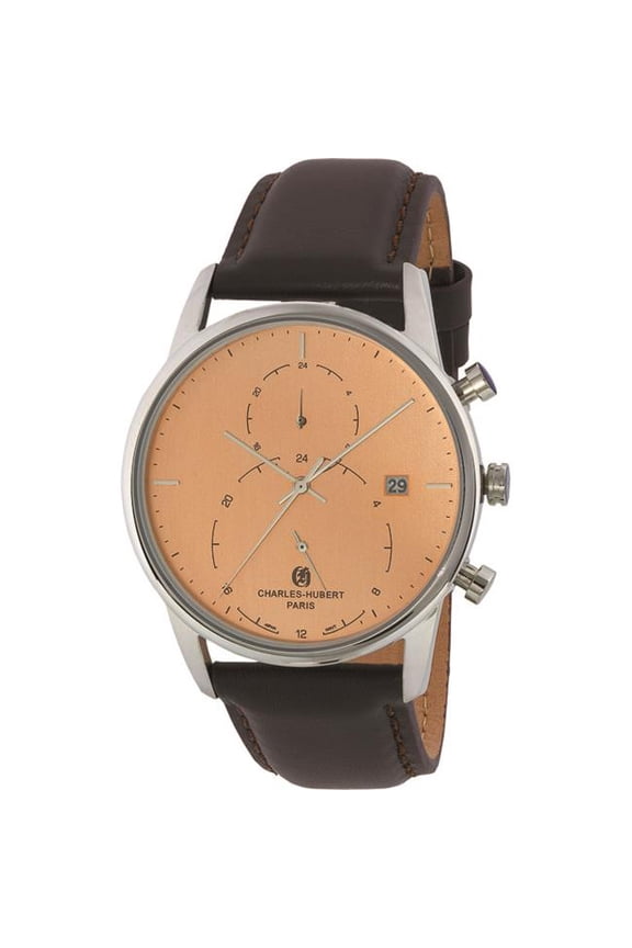 Charles Hubert Mens Classic SS Light Orange Dial Dual Time Watch