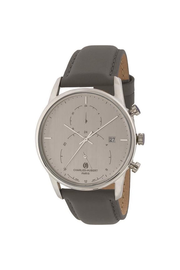 Charles Hubert Mens Classic SS Grey Dial Dual Time Polished Watch
