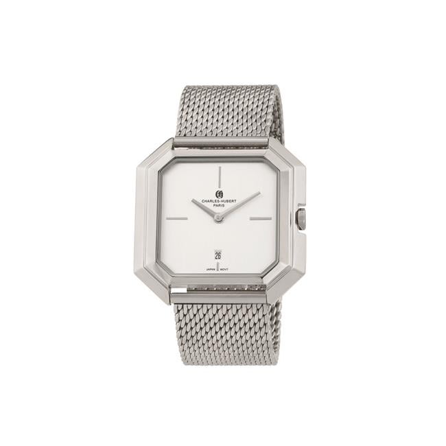 CHARLES-HUBERT PARIS 4006-W Mens Stainless Mesh Quartz Dial Watch, Silver
