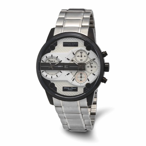 Charles Hubert Black SS Chrono Dual Time Off-White Dial Watch