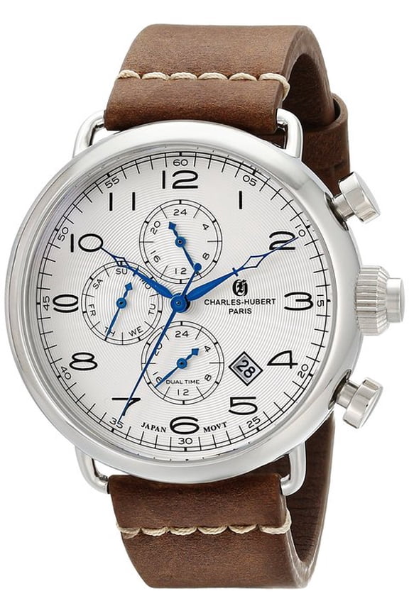 Charles Hubert Mens Classic Stainless Leather Band Dual Time Watch