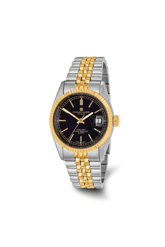 Charles Hubert Mens Classic SS Two-tone Black Dial Polished Watch