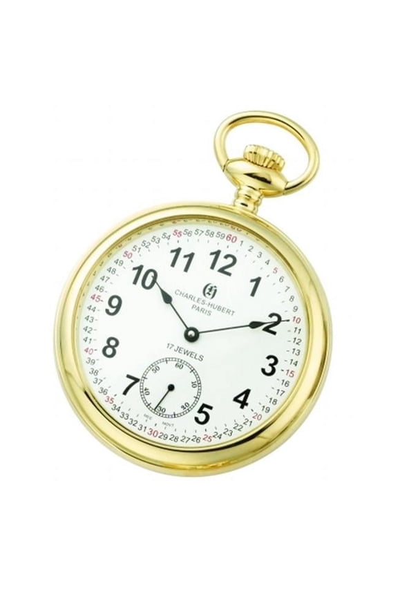 Charles-Hubert- Paris Stainless Steel Gold-Plated Mechanical Open Face Pocket Watch #