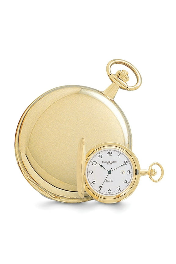 Charles Hubert Real 14kt Gold Finish White Dial with Date Pocket Watch; for Adults and Teens; for Women and Men