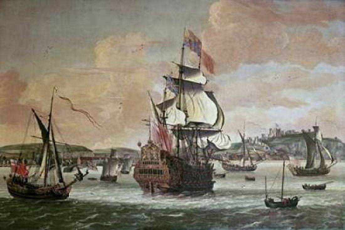 Charles II On Board a Two Decker Man-O-War Canvas Art - Jacob Knyff Knijff (20 x 28)