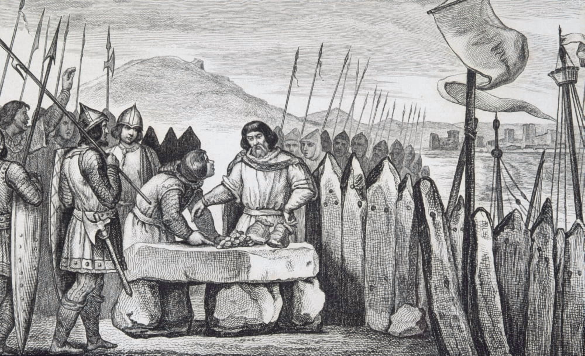 Charles Iii The Fat 839 To 888 Pays For Peace With Viking Invaders In 886 From Histoire De France By Colart Published Circa 1840 Canvas Art - Ken Welsh Design Pics (18 x 11)