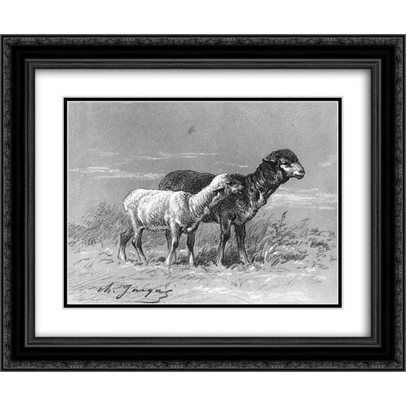 Charles Jacque 2x Matted 24x20 Black Ornate Framed Art Print 'Ewe and Lamb'