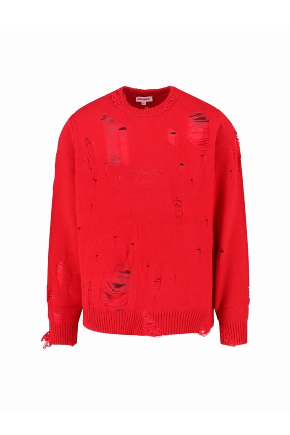Loverboy Distressed Red Wool Blend Sweater With Ribbed Finishes (Men's)