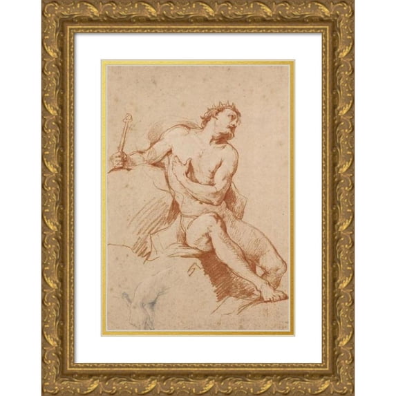 Charles-Joseph Natoire 18x24 Gold Ornate Framed and Double Matted Museum Art Print Titled - Study of the Figure of Aeolus, and a Study of His Hand (1979)