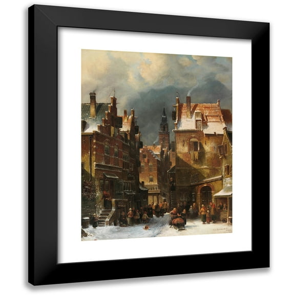 Charles Leickert 12x14 Black Modern Framed Museum Art Print Titled - Winter City View (1839)