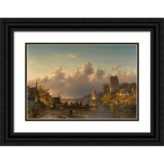 Charles Leickert 14x11 Black Ornate Wood Framed Double Matted Museum Art Print Titled: Evening at the Riverbank (1867)